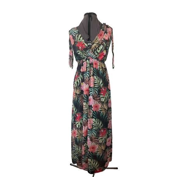 Black Floral and Palm Print Swiss Dot Tie Shoulder Boho Maxi Dress 🗣 - Picture 2 of 2